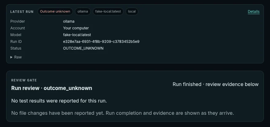 NivKode desktop conversation: a Latest run card marked 'Outcome unknown' and a Review gate card stating that no test results were reported for the run.